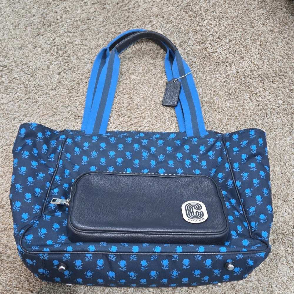 COACH Court Tote Floral Print Blue Tote Bag